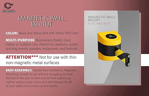 Crowd Control Warehouse - CCW Series WMB-220 Magnetic Wall Mount Retractable Belt Barrier -15 Foot Belt, Black and Yellow Safety Belt with Yellow ABS Case, Crowd Control Barriers