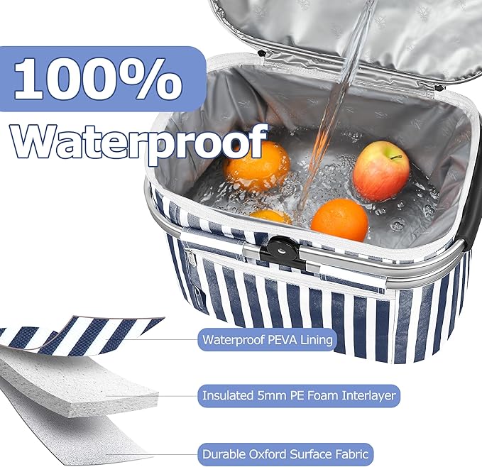 Tirrinia Large Insulated Picnic Basket, 34L Water Resistant & Leakproof Collapsible Portable Cooler Basket Set with Aluminium Handle for Travel, with a Free Foldable Grocery Bag, Strip