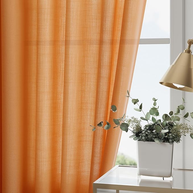 Orange Linen Textured 96 Inch Curtains 2 Panel Set Back Tab Rod Pocket Sheer Light Filtering Boho Room Decor Aesthetic Curtains Burlap Look Curtain Drapes for Living Room Bedroom 8Ft 52x96 Inch