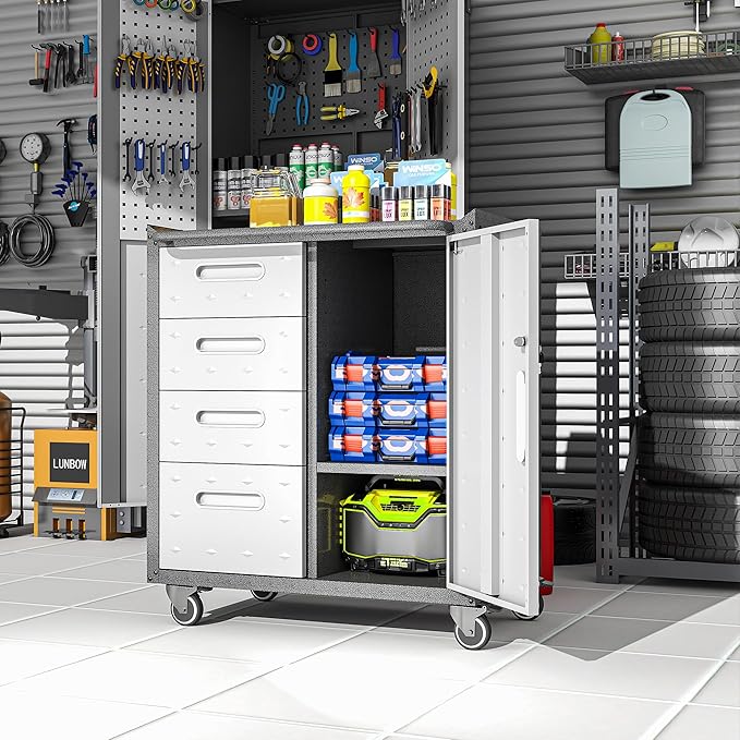 Metal Garage Storage Cabinet on Wheels, Lockable Rolling Tool Cabinet with Drawer and Shelves, Heavy Duty Mobile Steel Cabinet for Garage Warehouse Workshop
