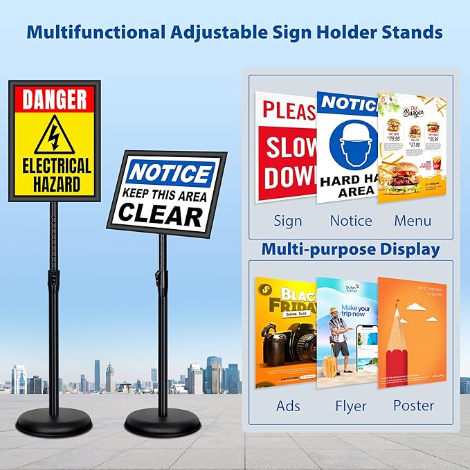 4 Pack Sign Holder Stands - 8.5 x11 inch Standing Sign Stand, Adjustable Poster Sign Holder Pedestal Floor Sign Stand, Aluminum Snap Open Frame for Vertical & Horizontal View Sign Stand, Black