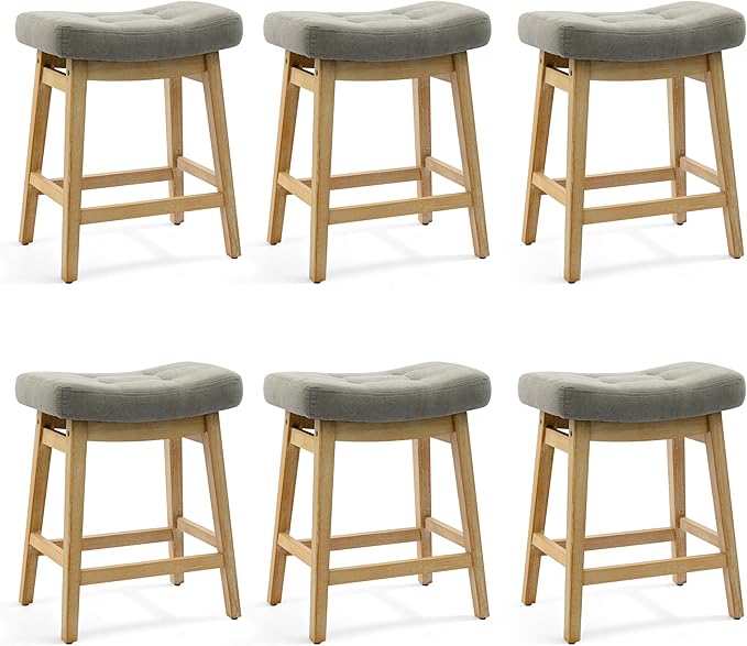 Counter Height Bar Stools Set of 6 for Kitchen Counter Farmhouse Modern Barstools with Upholstered Fabric Backless Seat and Solid Wood Legs 24 inch Bar Chairs, Grey + Wood Color