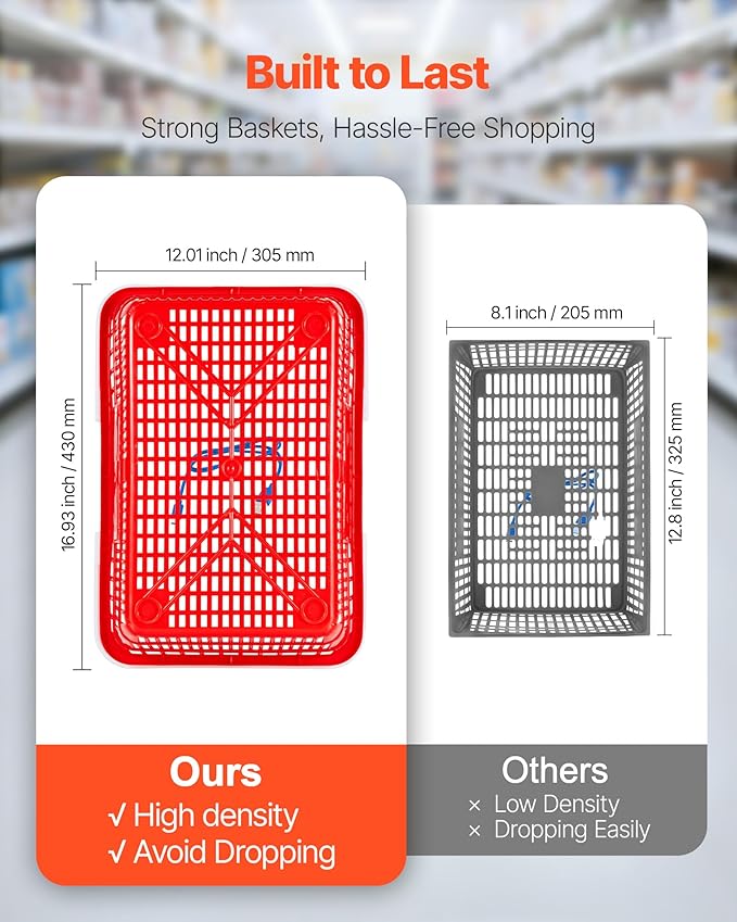 VEVOR Shopping Baskets, 20 PCS, 21L Stackable PE Plastic Grocery Baskets with Handles, Dense Mesh Structure, Holds up to 20 lbs, Portable for Grocery, Retail, Stores, Supermarket, Home Use, Red