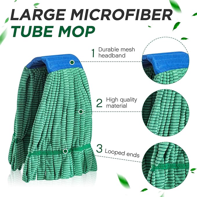 Hushee 40 Pack Large Microfiber Tube Mop Heads 18 oz Heavy Duty Commercial Industrial Wet Mop Head Refill Reusable Machine Washable Looped End Mopheads for Hardwood, Tile, Laminate Floors (Green)