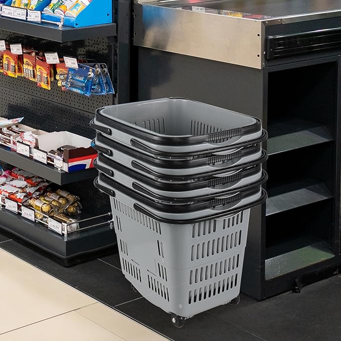 50 L Plastic Rolling Shopping Basket with Handles, Portable Retail Shopping Baskets for Supermarket, 4 PCS