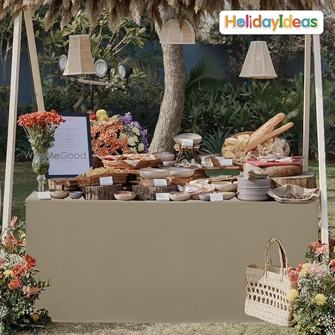 HolidayIdeas Fitted Tablecloths for 6 Foot Rectangle Table, Wrinkle Resistant Washable Table Cover 30x72 Inch for Vendor Booth Display, Banquet, Trade Show, Taupe, 4 Pcs