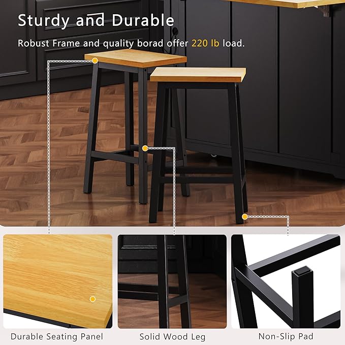 Rolling Kitchen Island with 2 Bar Stools, Drop Leaf & Power Outlet, Large Kitchen Islands Cart on Wheels, Movable Kitchen Island with 5 Open Shelves & Towel Rack for Kitchen, Dining Room, 48″, Black