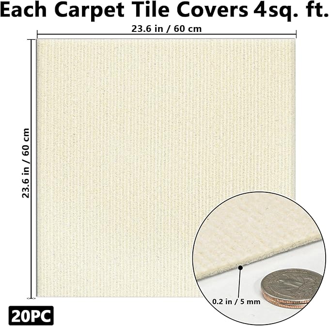 Carpet Tiles Peel and Stick, Self Adhesive Carpet Floor Tile 24" x 24", Off White Soft Padded Flooring Sticker, Home Decor for Bedroom Living Room Office, 20 Tiles per Box