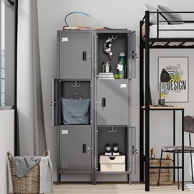 Aobabo 16" W 3 Door Metal Storage Locker with Lock, 66" H Steel Locker with Name Card Holder and Metal Hook for School, Home, Office, Playroom, Assembly Required, Dark Grey