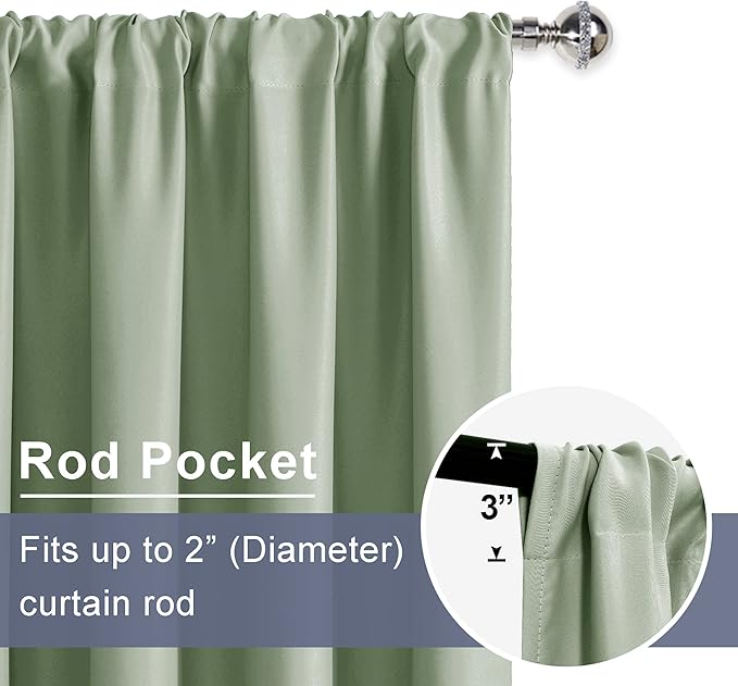JIUZHEN Blackout Curtains for Bedroom - Thermal Insulated Room Darkening Noise Reducing, 60 x 63 Inch Length Curtains for Living Room, Set of 2 Panels with Tiebacks, Light Green