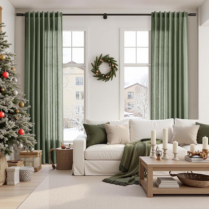 Olive Green Linen Curtains 96 Inches Long for Living Room Rod Back Tab Vintage Rustic Farmhouse Light Filtering Curtain Burlap Textured Linen Drapes 96 Inch Length for Dinning Room Bedroom 52x96