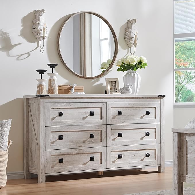 RedLemon Farmhouse 6 Drawer Dresser for Bedroom, 54 Inch Wide Rustic Wood Dresser TV Stand, Dresser Chest of Drawers for Closet, Living Room, Hallway, Antique Brush White