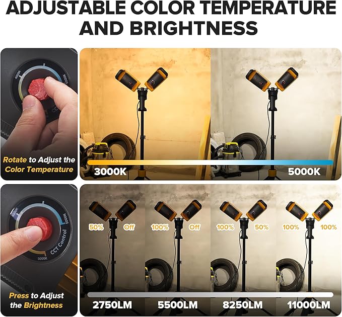 LUTEC 【Upgraded】 6290Max 11000 Lumen 92W Dimmable LED Work Light with Telescoping Tripod, Adjustable Color Temperature Dual-Head Work Light with Stand and 8 Ft 3-Prong Power Cord