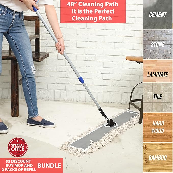 2 Pack of 48" Cotton Refills for Industrial Class Floor Dust mop Series Can be fit with Others (2 Pack of 48" Cotton Refill)