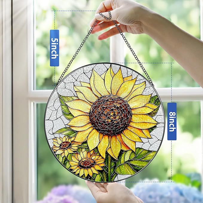 8-Inch Stained Glass Ornament, Stained Glass Window Hanging, Sunflower Ornament, Window Hanging Decor Suncatcher | Mother's Day, Christmas, Birthday, Gifts for Sunflower Plant Lovers