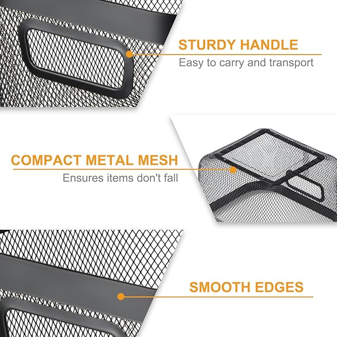 4 Pack Metal Mesh Basket with Hollow Handles Black Wire Storage Bin for Organizing Stackable Metal Fine Mesh Basket for Pantry Bathroom Kitchen Cabinets Shelves (Medium)