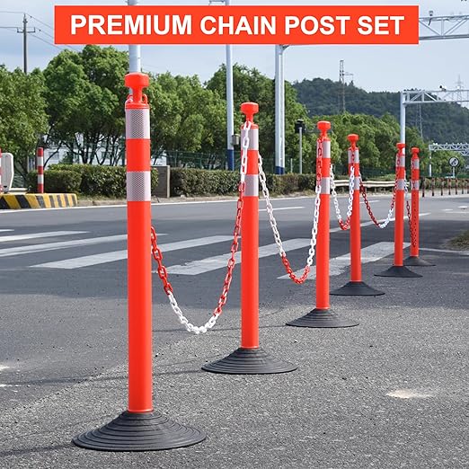 OrangeStar 6 Packs Traffic Delineator Post Cones, 40" Safety Barrier with 6.6 Ft Link Plastic Chains, Crowd Control Stanchion Sets w/Rubber Base for Parking Lot, Road Work, Queue Management, Red