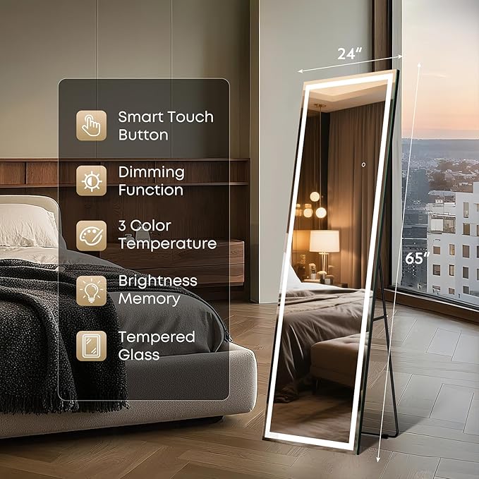 Kosmonia 65x24 Full Length Mirror, Dimmable 3 Color LED Light w/Light Memory, Distortion Free Silver Coating Mirror, HD Reflection &Anti Desilvering,Tempered Glass &Shatter Proof Film Doubles Safety