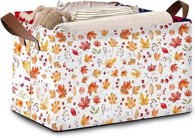Colored Maple Berries Storage Basket Large 17x11.5x10.5 Inches - Collapsible Fabric Organizer Bin with Handles for Nursery,Laundry,Closet - Foldable Decorative Hamper with Floral Pattern - Single Pack