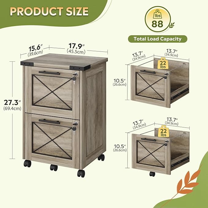 DEVAISE 2 Drawer File Cabinet with Hanging Files,Mobile Rolling Storage Cabinet for Home Office,Under Desk Filing Cabinet with Lock,Printer Stand,Gray Oak