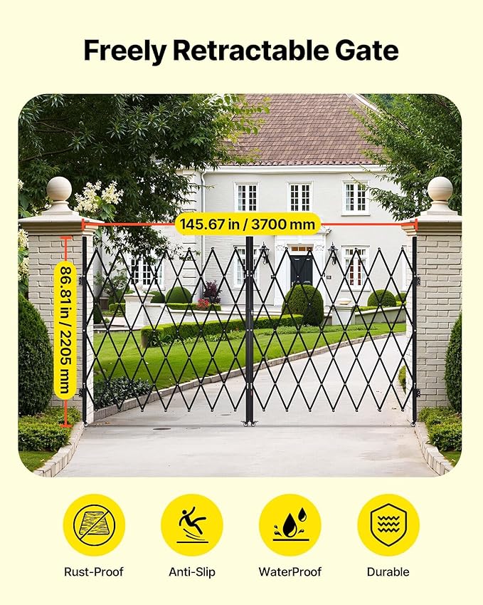 VEVOR Double Folding Security Gate, Lockable Scissor Gate with 360° Swivel Casters, Outdoor Barricade Steel Retractable Gates, for Entry Security, Garage, Warehouse & Pool, 145.67 x 86.81 in (W x H)