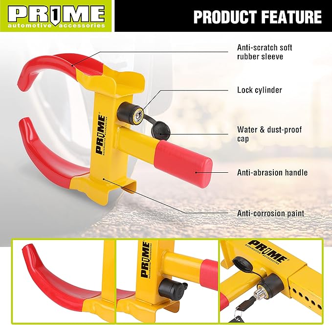 PR1ME Trailer Wheel Lock Clamp, Universal Wheel Clamp Lock, Adjustable Heavy-Duty Security Tires Anti-Theft Lock, for Trailers SUV Boats ATVs Motorcycles Golf Cart with 2 Keys (Yellow-red)