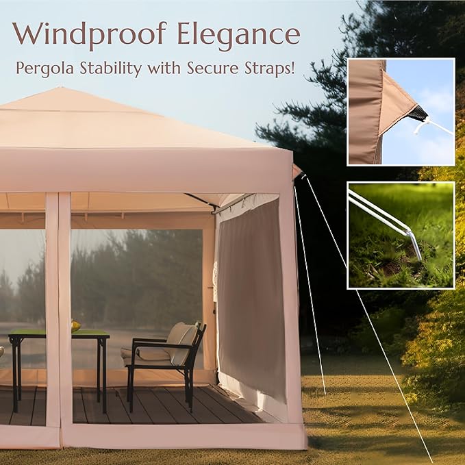 PHI VILLA 10 x 10 Pop Up Canopy Tent with Netting, Instant Gazebo, Ez up Screen House Room with Carry Bag, Height Adjustable, for Outdoor, Garden, Patio,Brown