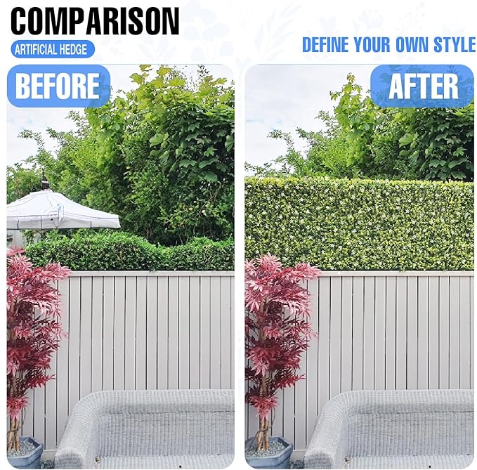 E&K 54" Wx18 Hx6 D Artificial Boxwood Hedge Wall with White Flowers, Artificial Outdoor Privacy Wall for Balcony Backyard Office, Indoor Divider Freestanding Greenery Backdrop