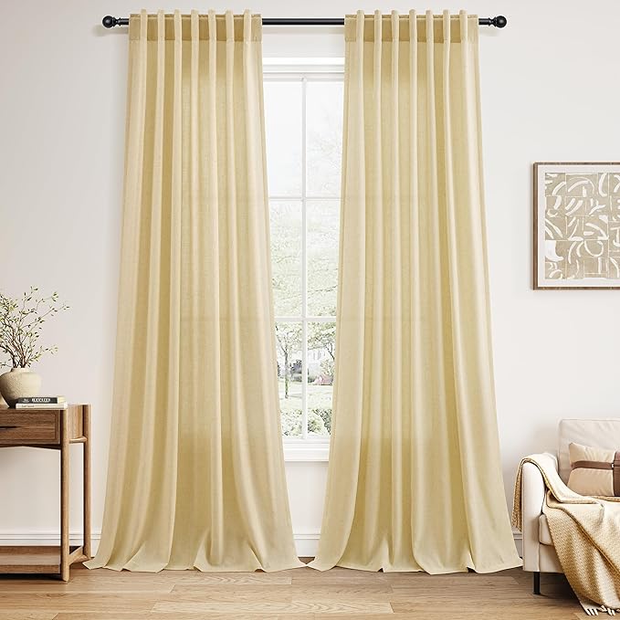 Nanspring Cream Yellow Curtains 96 Inch Length 2 Panels Set for Living Room Linen Light Filtering Modern Farmhouse Curtain Back Tab and Rod Pocket Privacy Sheer Drapes for Bedroom Office 52x96