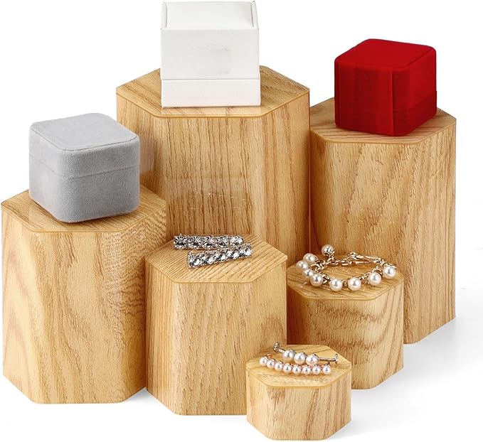 Jetec Hexagonal Jewelry Display Risers Hexagonal Market Display Risers Stands Acrylic Showcase Acrylic Stand for Jewelry Model Figures Decoration, 6 Sizes(Woodgrain,12 Pieces)