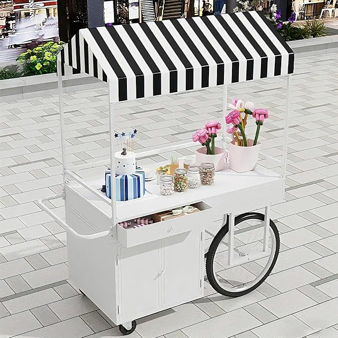 Food Cart for Business with Striped Canopy, Mobile Display Stand with Storage Drawers, for Street Food, Farmers Markets, Outdoor Events (White, 39.37 * 27.56 * 78.74in)