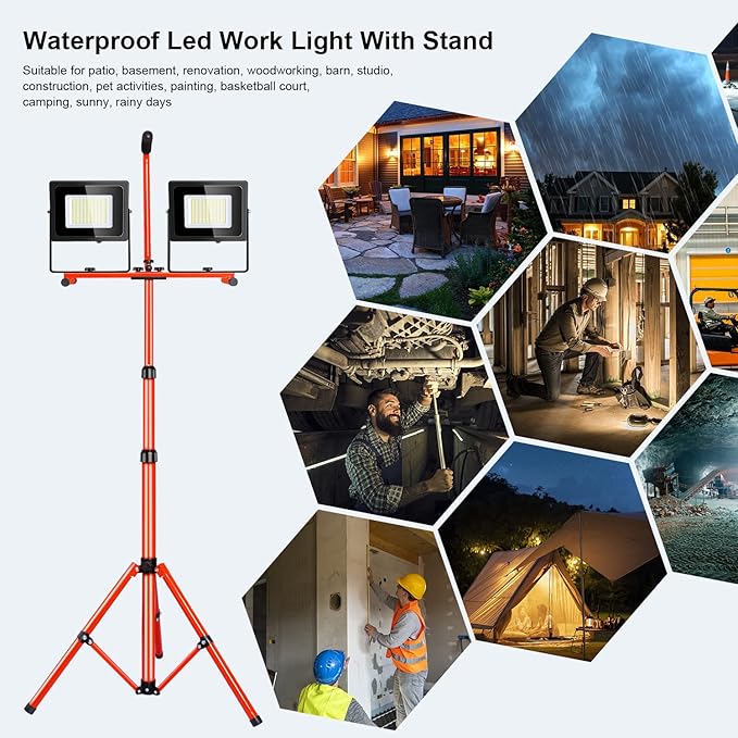 LEDMO 26000 Lumen Led Work Light with Tripod Stand 200W IP65 Waterproof Adjustable Angle Portable Led Work Floodlights with 76.8in Metal Telescoping Tripod for Warehouse, Yard, Job site
