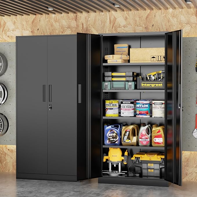 INTEGREAT Metal Storage Cabinet, 71" Black Office Metal Cabinet with Locking Doors and Adjustable Shelves, Steel Locking Cabinets for Office, Home, Garage, Gym, School