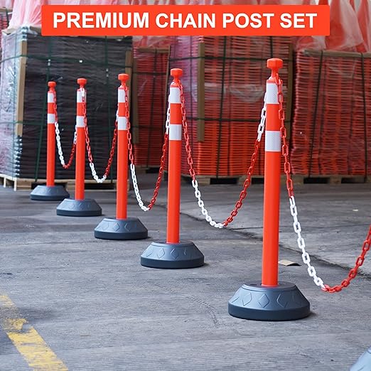 OrangeStar 6 Packs Traffic Delineator Post Cones, 40” Driveway Chain Safety Barriers with Water Fillable Base, 6 x 6.6 Ft Plastic Chains, Crowd Control Stanchion Sets for Outdoor and Indoor, Red