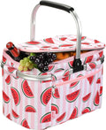 Tirrinia Large Insulated Picnic Basket, 34L Water Resistant & Leakproof Collapsible Portable Cooler Basket Set with Aluminium Handle for Travel, with a Free Foldable Grocery Bag, Pink