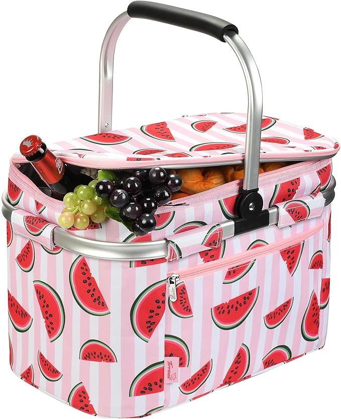 Tirrinia Large Insulated Picnic Basket, 34L Water Resistant & Leakproof Collapsible Portable Cooler Basket Set with Aluminium Handle for Travel, with a Free Foldable Grocery Bag, Pink