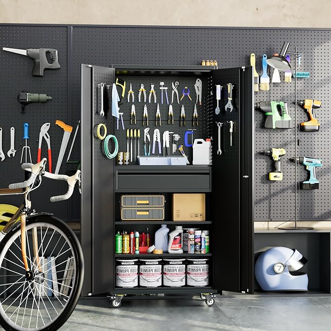 Aobabo 71" H Metal Storage Cabinet with Wheels with 5 Pegboards and 1 Drawer,Lockable Steel Tool Cabinet for Garage,Warehouse,Assembly Required,Black
