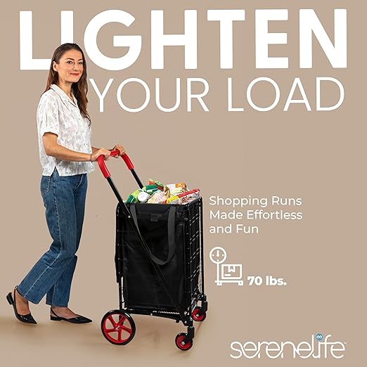 SereneLife Small Compact Folding Shopping Cart with Removable Waterproof Liner – 360° Swivel Wheels, Rust‑Proof Steel Frame, 70 lb Capacity – Portable Grocery, Laundry & Travel Cart (Red)
