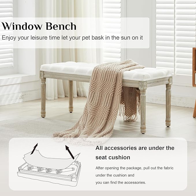 LOULENS 43.9" Linen Fabric End of Bed Bench, Vintage French Upholstered Button Tufted Entry Bench, Window Seat with Carved Wood Legs for Bedroom, Living Room, Entryway, Foyer, Hallway, White