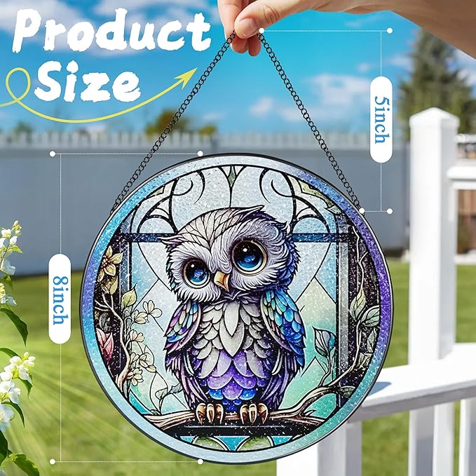 8 Inch Stained Glass Suncatcher Ornament, DOUHASU Owl Sun Catchers Indoor Window, Stained Glass Window Hanging, Home Decor, Owl Lovers Gifts for Women, Men, Friend, Relative
