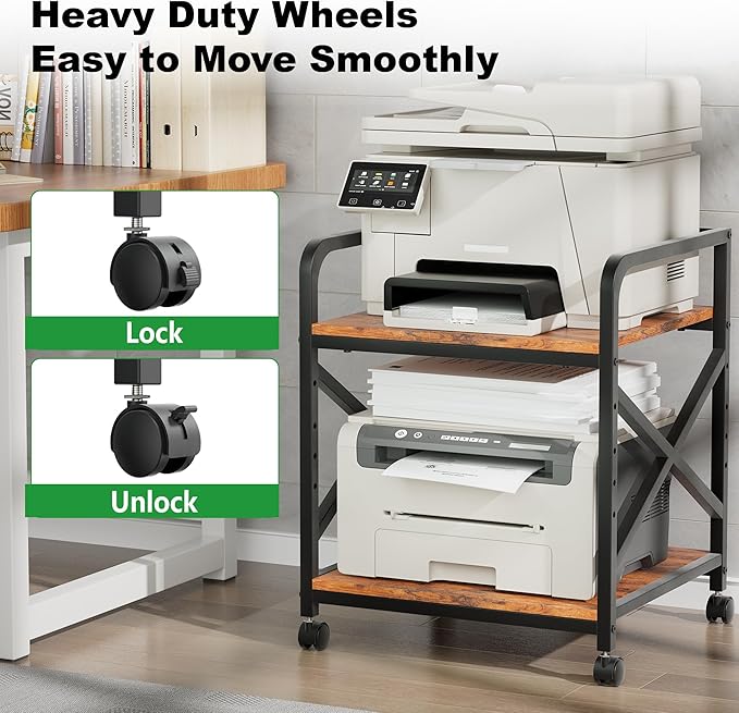 Ollieroo 2 Tier Printer Stand with Storage Shelf, Printer Table with Height Adjustable Top Shelf, Under Desk Storage Printer Cart for Paper Shredder Scanner, 3D Printer Stand for Home Office(Vintage)