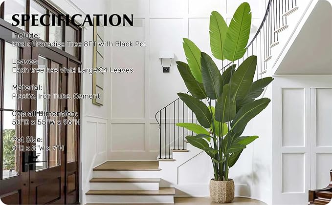 Artificial Bird of Paradise Tree 8FT 24 Leaves Tall Large Fake Faux Tropical Banana Plant 96 Inch Black Pot for Indoor Home Office Poolside Porch Mall Hotel School Decor Housewarming Gift