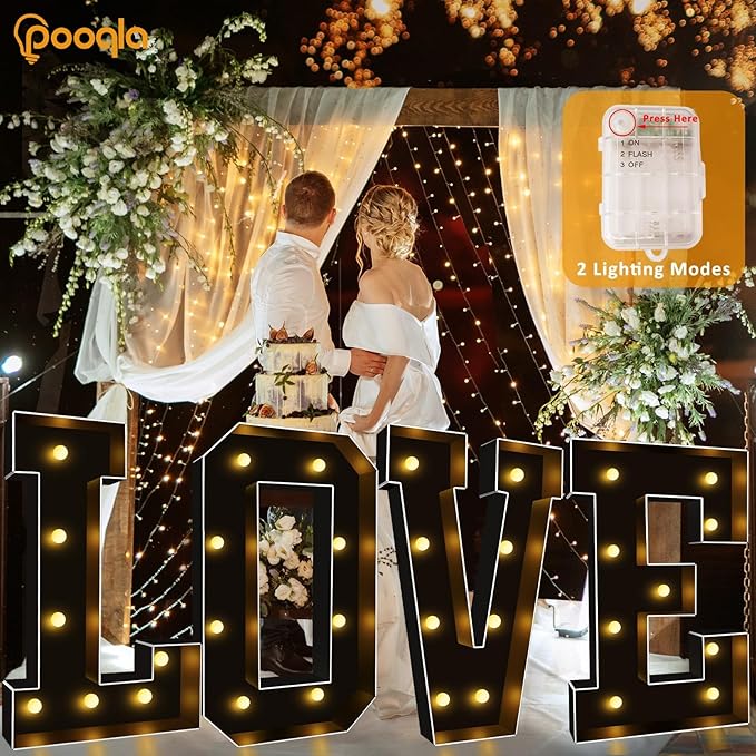Pooqla 3 FT Marquee Light Up Letters, Black Marquee Letter Lights 3 Feet Tall, Giant LED Sign Big Mosaic Letters for Balloons Birthday Party Anniversary Wedding Decorations, Warm White R