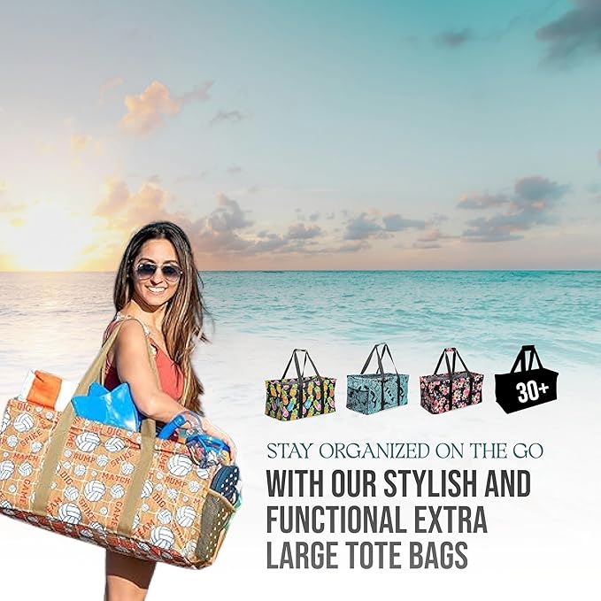 Extra Large Utility Tote Bag - Oversized Collapsible Reusable Wire Frame Rectangular Canvas Basket With Two Exterior Pockets For Beach, Pool, Laundry, Car Trunk, Storage - Brown Daisy