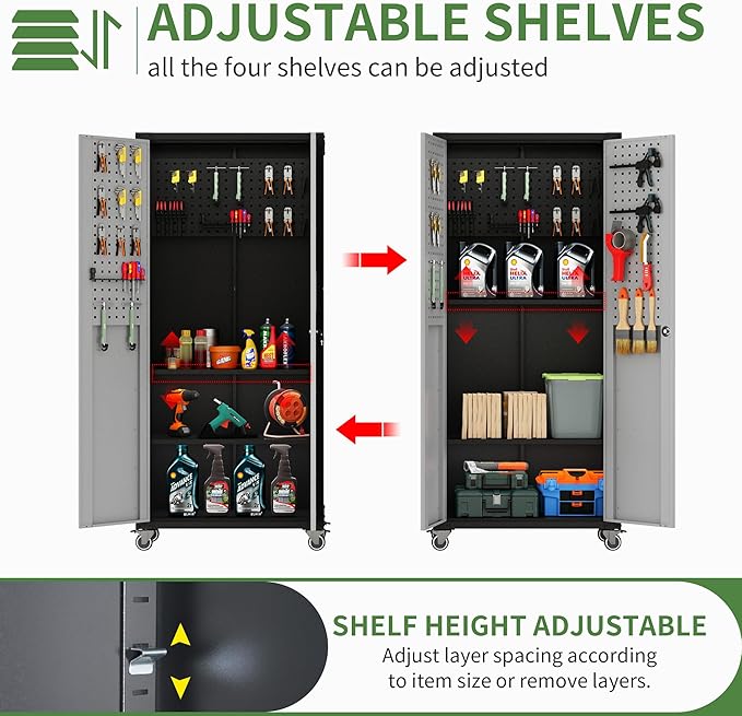 Garage Metal Storage Cabinet,71" Rolling Tool Cabinet with Pegboard and 3 Adjustable Shelves,Heavy-Duty Shelving Unit with Lockable Doors for Garage,Workshop,Home & Office Organization