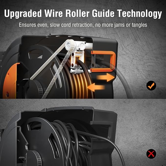 SURAIELEC 12 Gauge Extension Cord Reel, 45 FT Retractable Extension Cord, 12 AWG/3C SJTOW Heavy Duty Power Cord, 15 AMP Circuit Breaker, Lighted Triple Tap, Ceiling or Wall Mount, ETL Listed, Orange