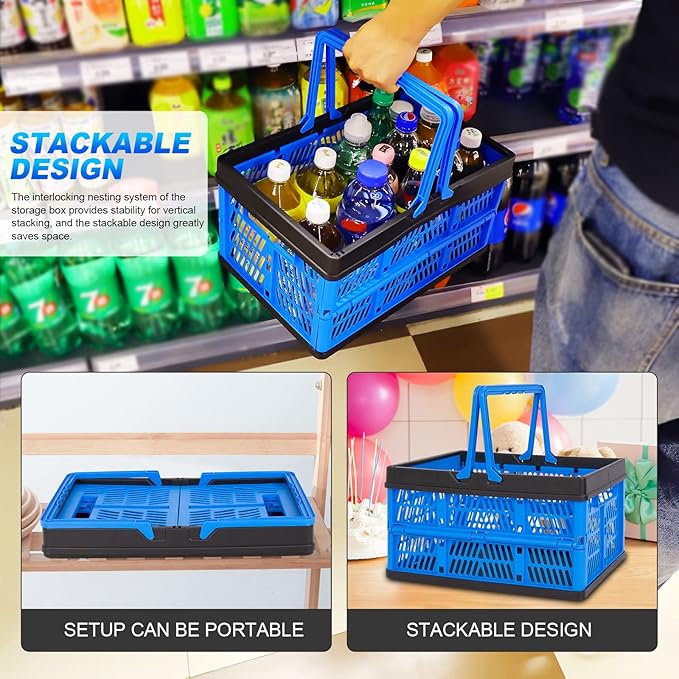 3 Packs 20L Collapsible Plastic Shopping Basket with Handles - Plastic Collapsible Storage Bins, Multi-function Collapsible Storage Crates Black & Blue