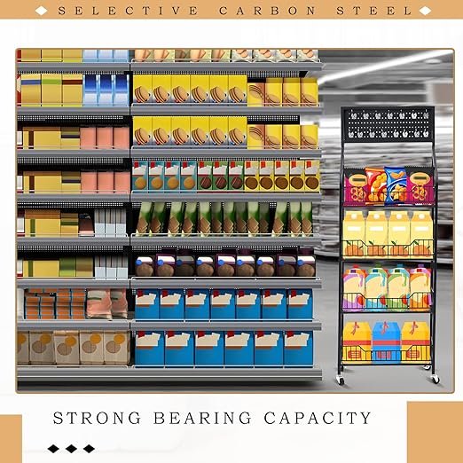 2 Set Retail Display Rack Shelf Cart with Wheels and Hook Heavy-Duty Metal Snack Potato Chip Display Organizer Concession Stand for Supermarket Grocery Store Home Black (4 Tier 15 Hooks)