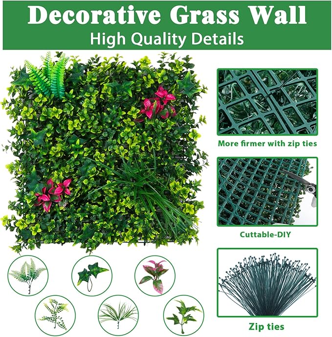 Artificial Boxwood Wall Panels, 20''x20'' 12pcs Grass Wall Panels with Mint Plant Leaves, Greenery Backdrop Privacy Screen with UV Protection, Green Grass Wall for Garden Indoor Outdoor Decor