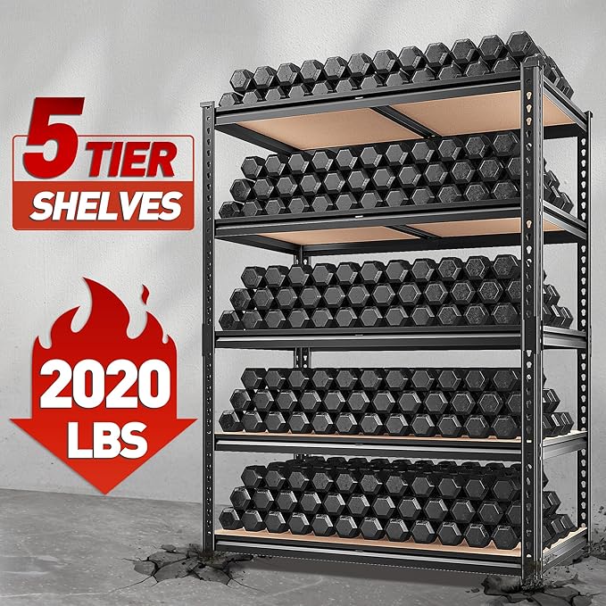 REIBII 2020LBS Storage Shelves 5 Tier Garage Shelving Heavy Duty, Adjustable Metal Shelving, Garage Shelves for Basement, Warehouse, Pantry, Closet, Kitchen 72" H x 35.55" W x 16" D, Black, 2 Pack
